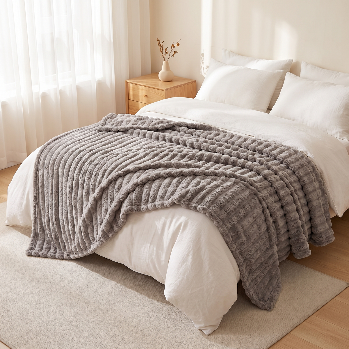 Gestreifte Flanell Kuscheldecke in Hellgrau als Tagesdecke auf einem Doppelbett
