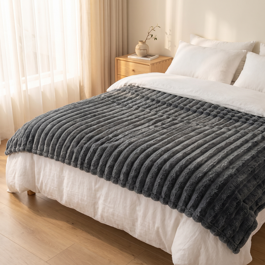 Gestreifte Flanell Kuscheldecke in Dunkelgrau als Tagesdecke auf einem Doppelbett