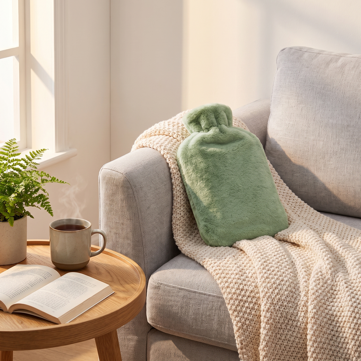 Wärmflasche mit weichem Stoffbezug in Grün auf einer Kuscheldecke am Sofa