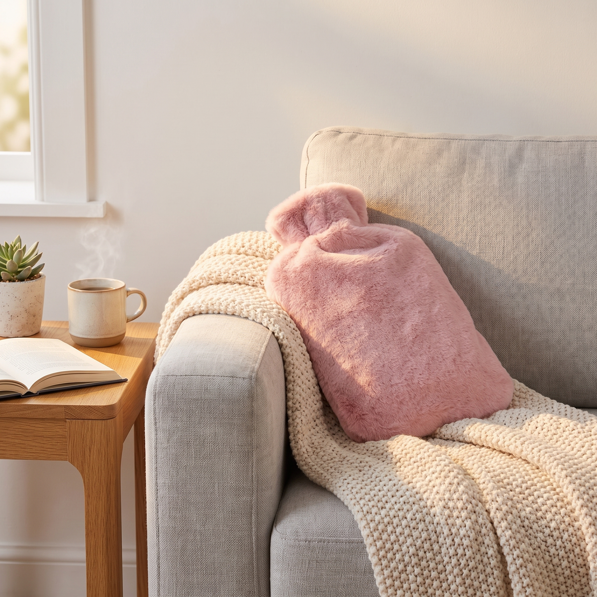 Wärmflasche mit weichem Stoffbezug in Pink auf einer Kuscheldecke am Sofa