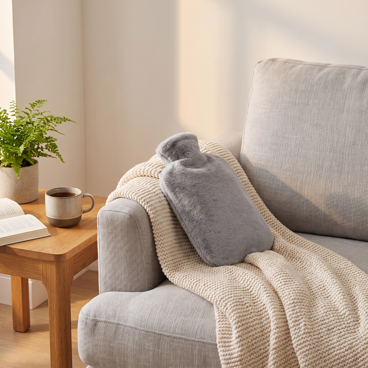 Wärmflasche mit weichem Stoffbezug in Grau auf einer Kuscheldecke am Sofa