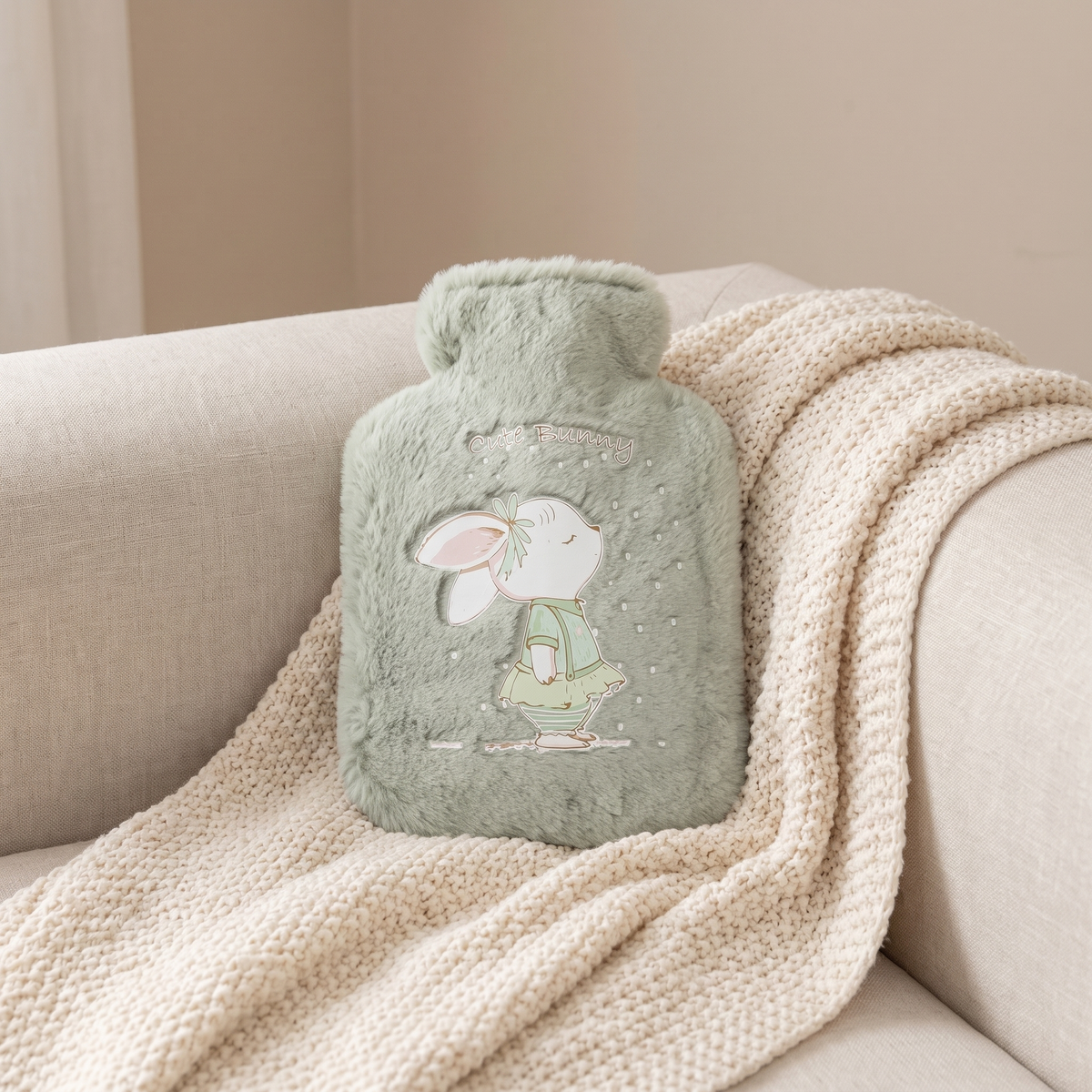 Mini Wärmflasche mit Plüschbezug in Grün auf einer Kuscheldecke