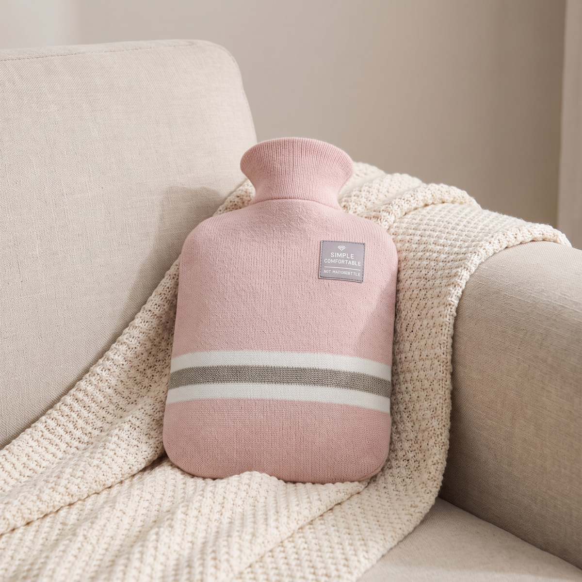 Wärmflasche mit Strickbezug 1 Liter in Rosa auf einer Kuscheldecke