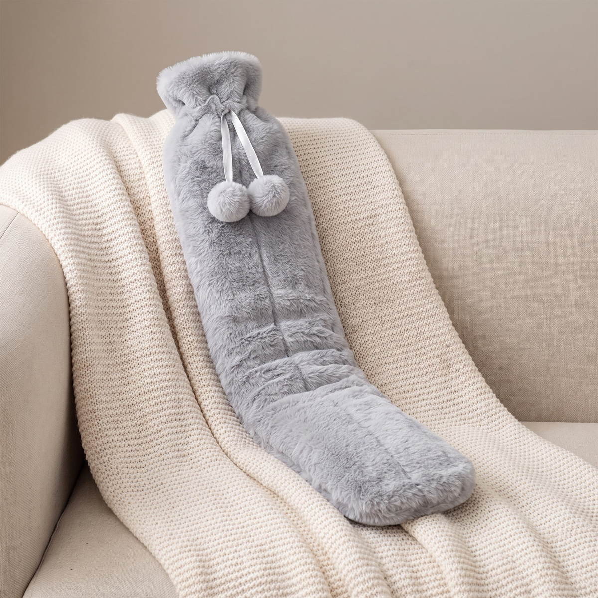 Extra lange Wärmflasche 76 cm mit Plüschbezug in Grau auf einer Kuscheldecke