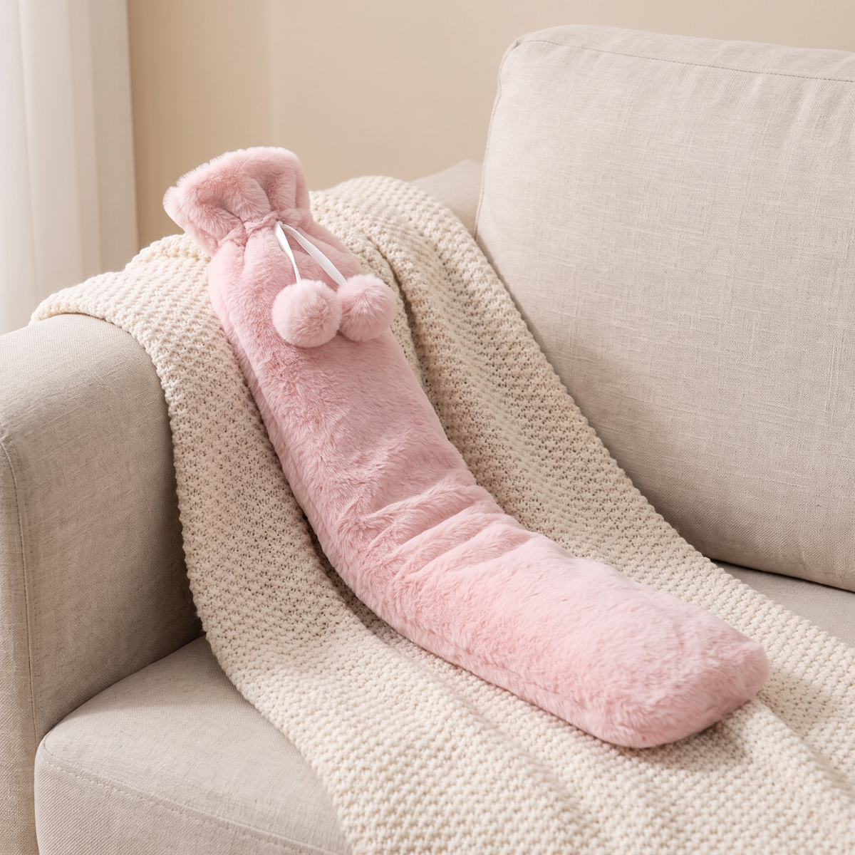 Extra lange Wärmflasche 76 cm mit Plüschbezug in Pink auf einer Kuscheldecke
