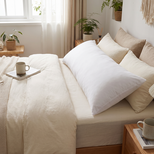 Langes weißes Körperkissen als Kissenkern auf einem gemachten Bett