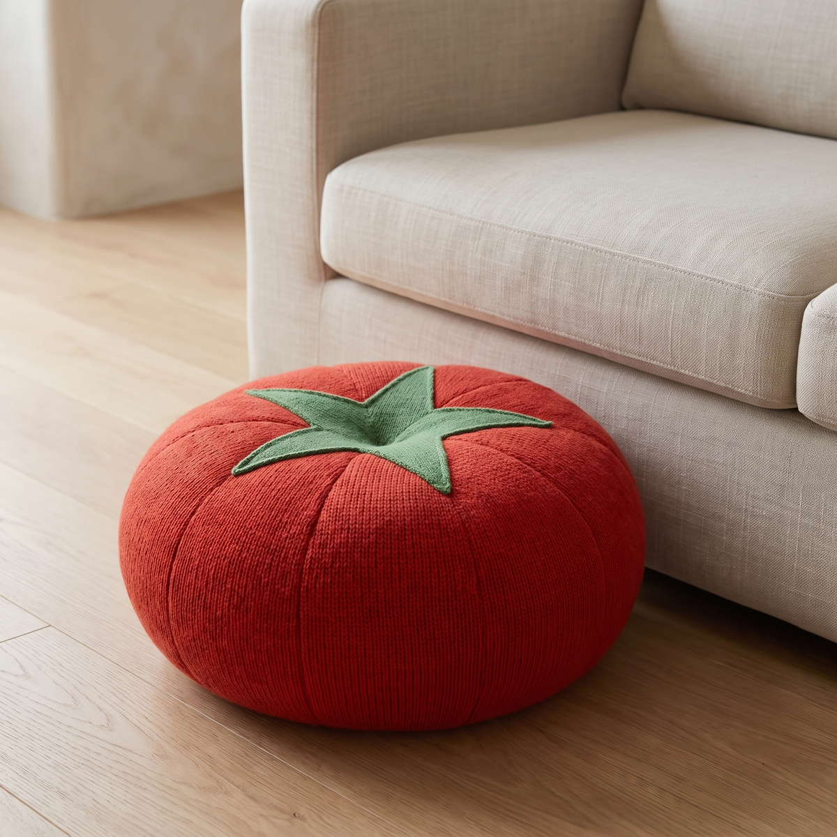 Rundes Faulenzerkissen in Rot auf dem Wohnzimmerboden neben dem Sofa