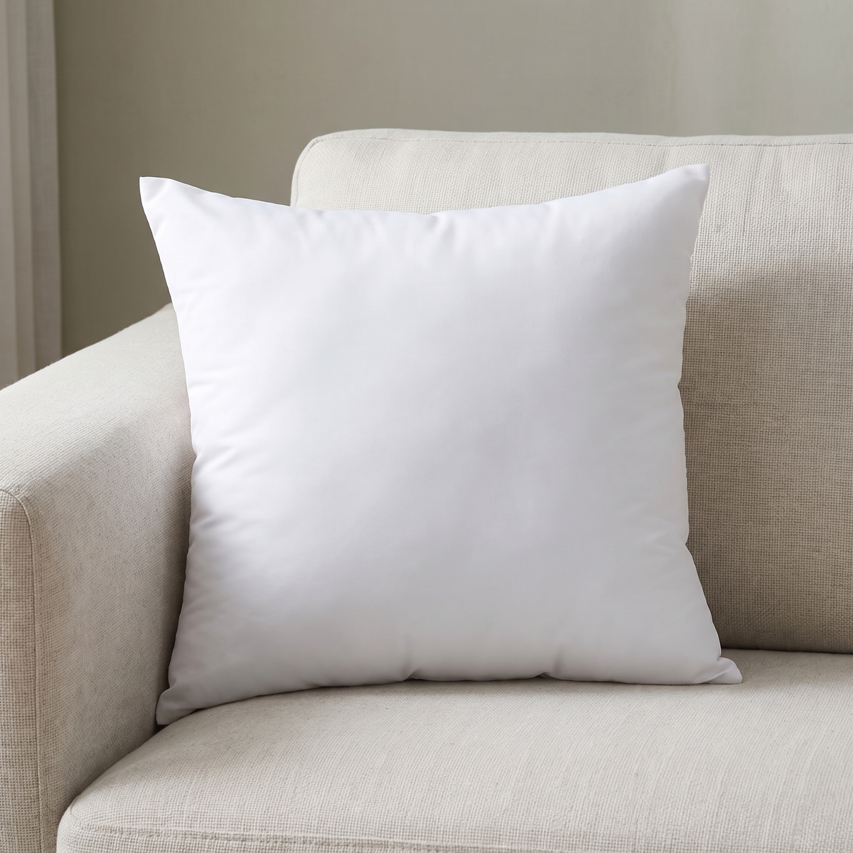 Weiße Kisseneinlage auf einem hellen Sofa