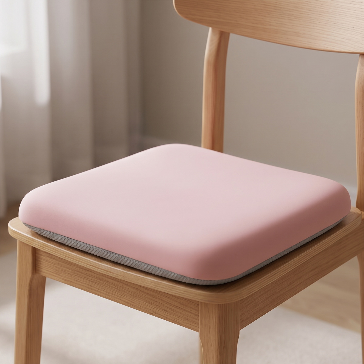 Memory Schaum Sitzkissen in Pink auf einem Holzstuhl